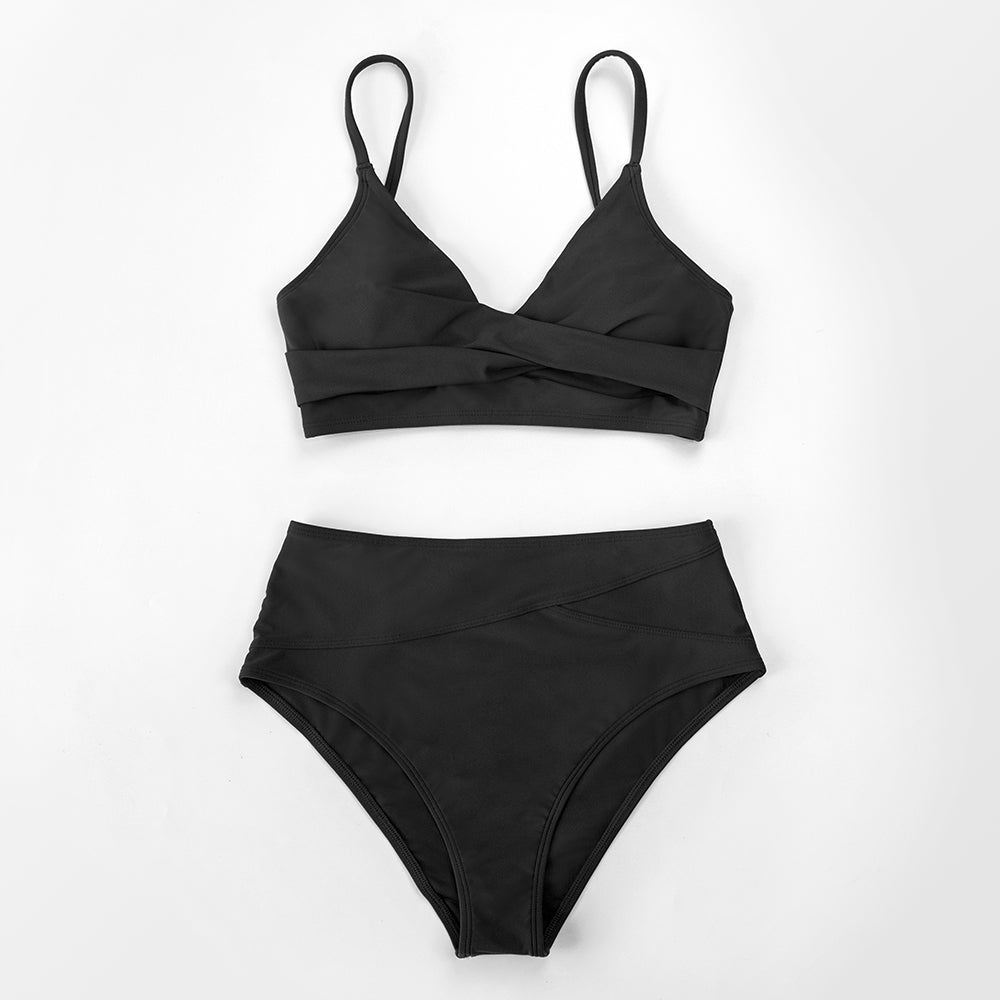 Red high-waist bikini set with V-neck twist tank top from The Clothing Company Sydney, ideal for beachwear and swimming.