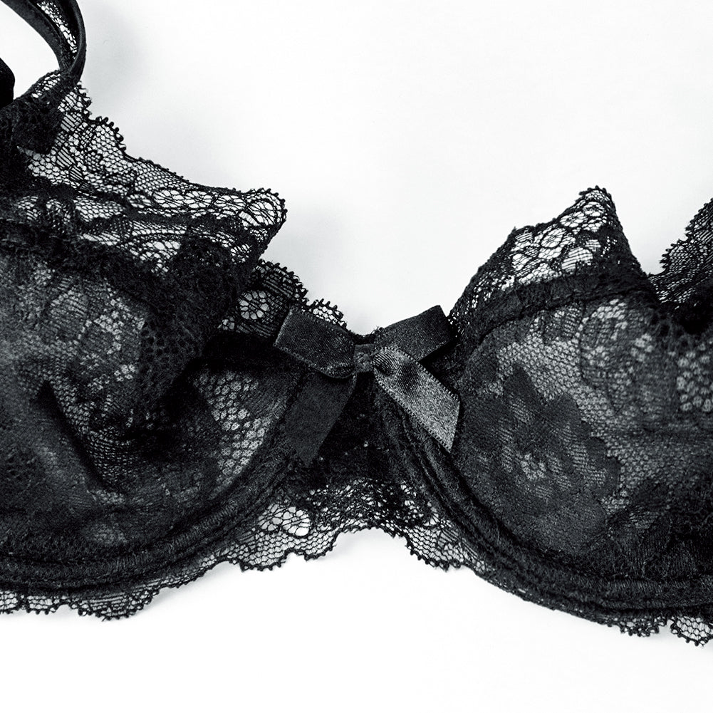 Plus size floral lace lingerie set with bowknot details, including bra, panties, and garter from The Clothing Company Sydney.