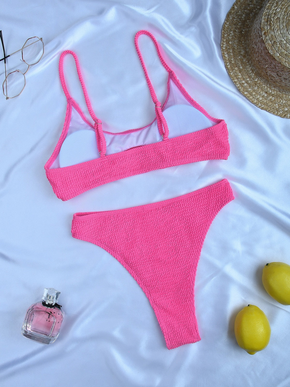 High waist bikini swimsuit by The Clothing Company Sydney, bandeau style with thong Brazilian cut, blue swimwear for beach or pool.
