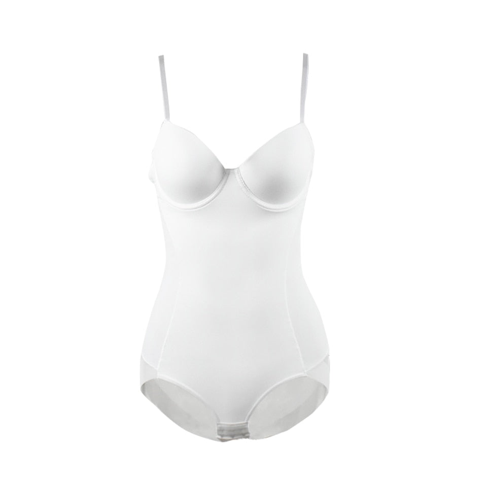 White underwire shapewear bodysuit for women, silky stretch fabric, provides body shaping and smooth silhouette.