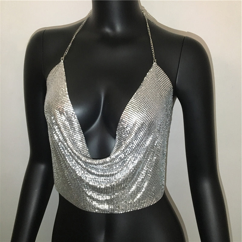 Metal sequined tank top by The Clothing Company Sydney featuring a backless, cropped, gold and silver glitter design for summer wear.