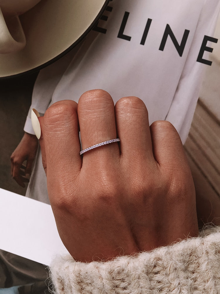 Sterling silver CZ simulated diamond stackable chain ring with platinum plating, designed for women, by The Clothing Company Sydney