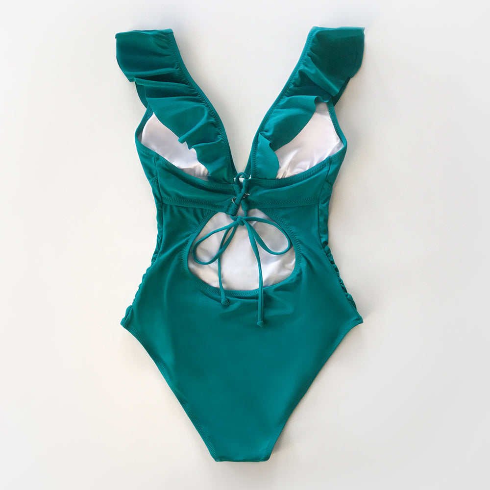 Solid black ruffled one-piece swimsuit with lace-up front from The Clothing Company Sydney, designed for beach and swimming.
