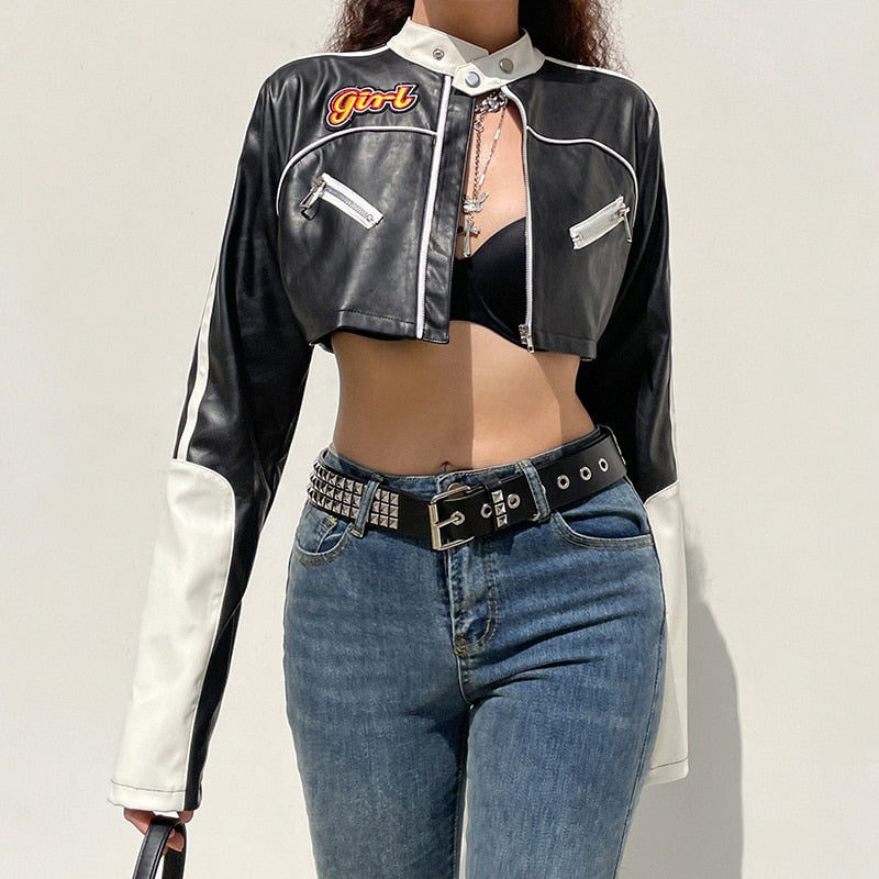 Punk style patchwork cropped PU leather jacket for women with contrast colors, zipper closure, suitable for autumn and winter.