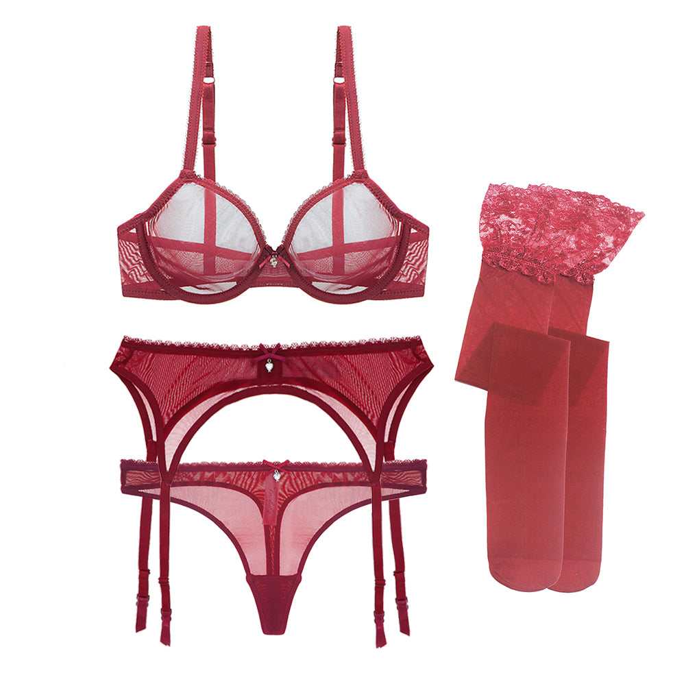 Ultra-thin transparent yarn lingerie set with bras, garters, thongs, and stockings from The Clothing Company Sydney.