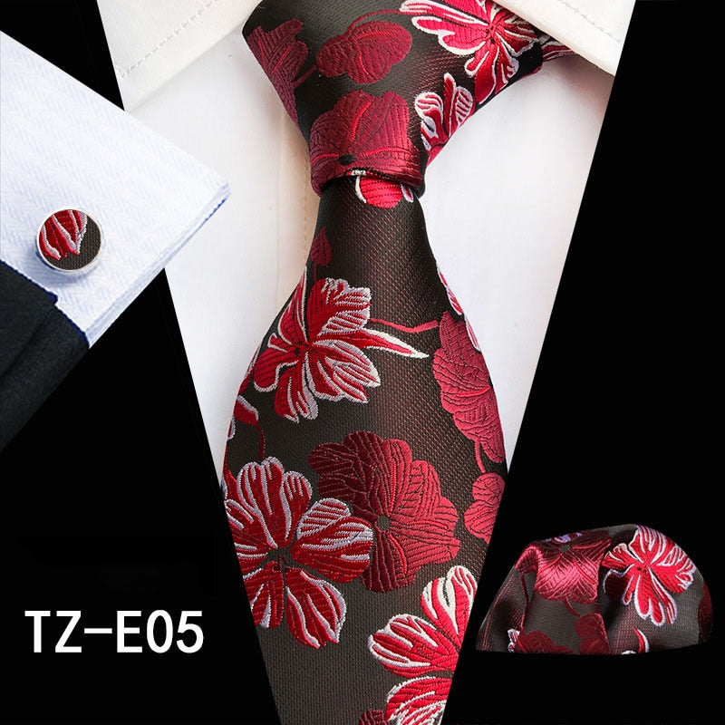 Red and green floral silk tie set including cufflinks, handkerchief, and necktie for men's business and wedding accessories.
