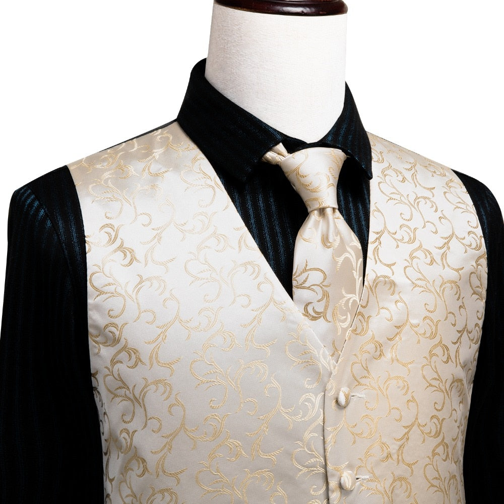 Men's luxury silk vest and tie set featuring paisley, floral, and plaid patterns in blue, gold, red, and silver for wedding attire