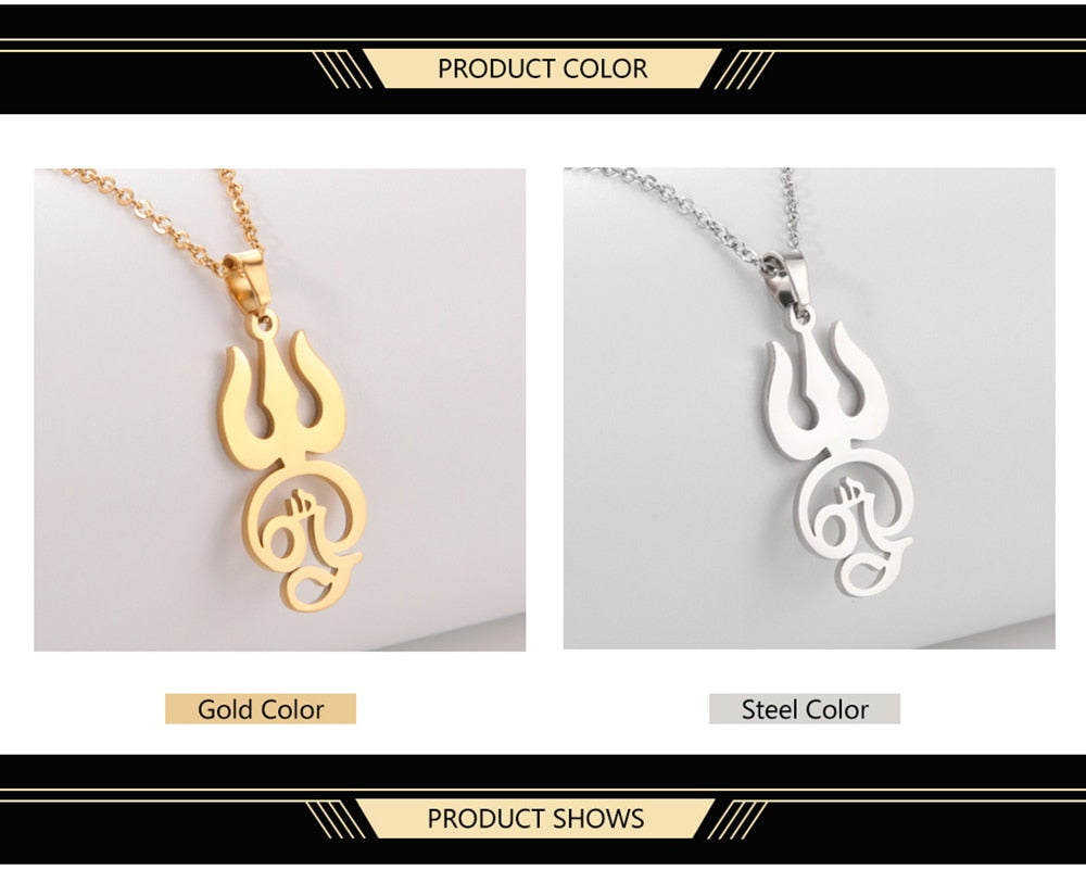 Stainless steel Tamil Om Aum symbol with trident pendant on a chain, vintage yoga jewelry featuring Om Shiva symbol.
