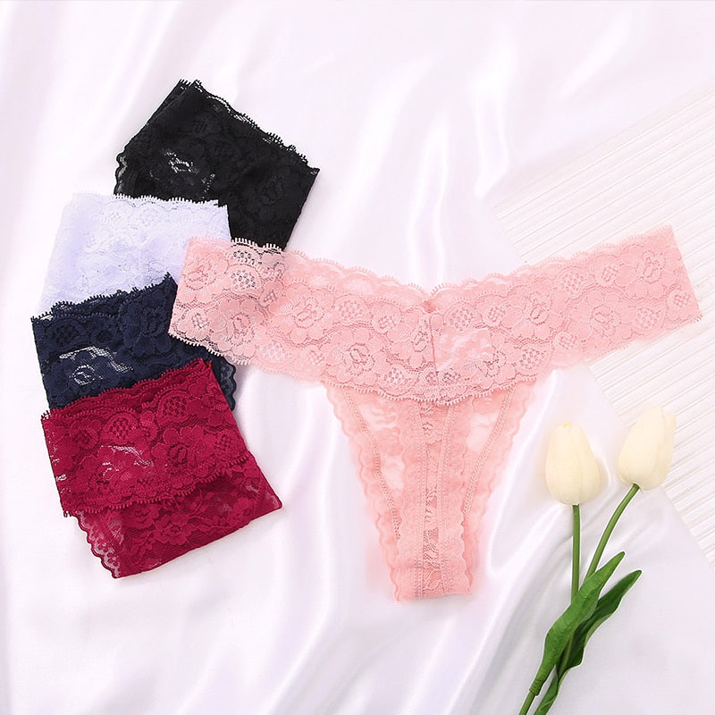 Three lace floral G-string thong panties from The Clothing Company Sydney, featuring transparent and delicate lingerie briefs.