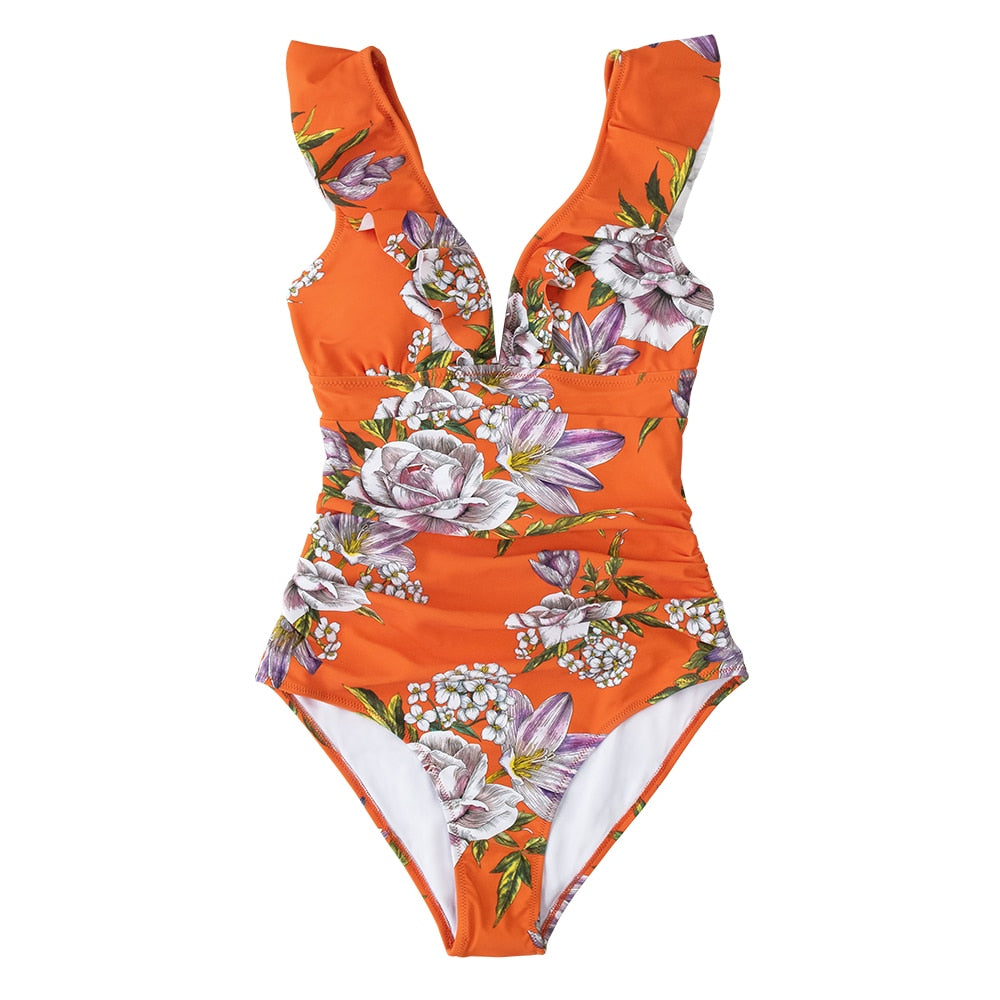 Solid black ruffled one-piece swimsuit with lace-up front from The Clothing Company Sydney, featuring a stylish monokini design for beachwear.