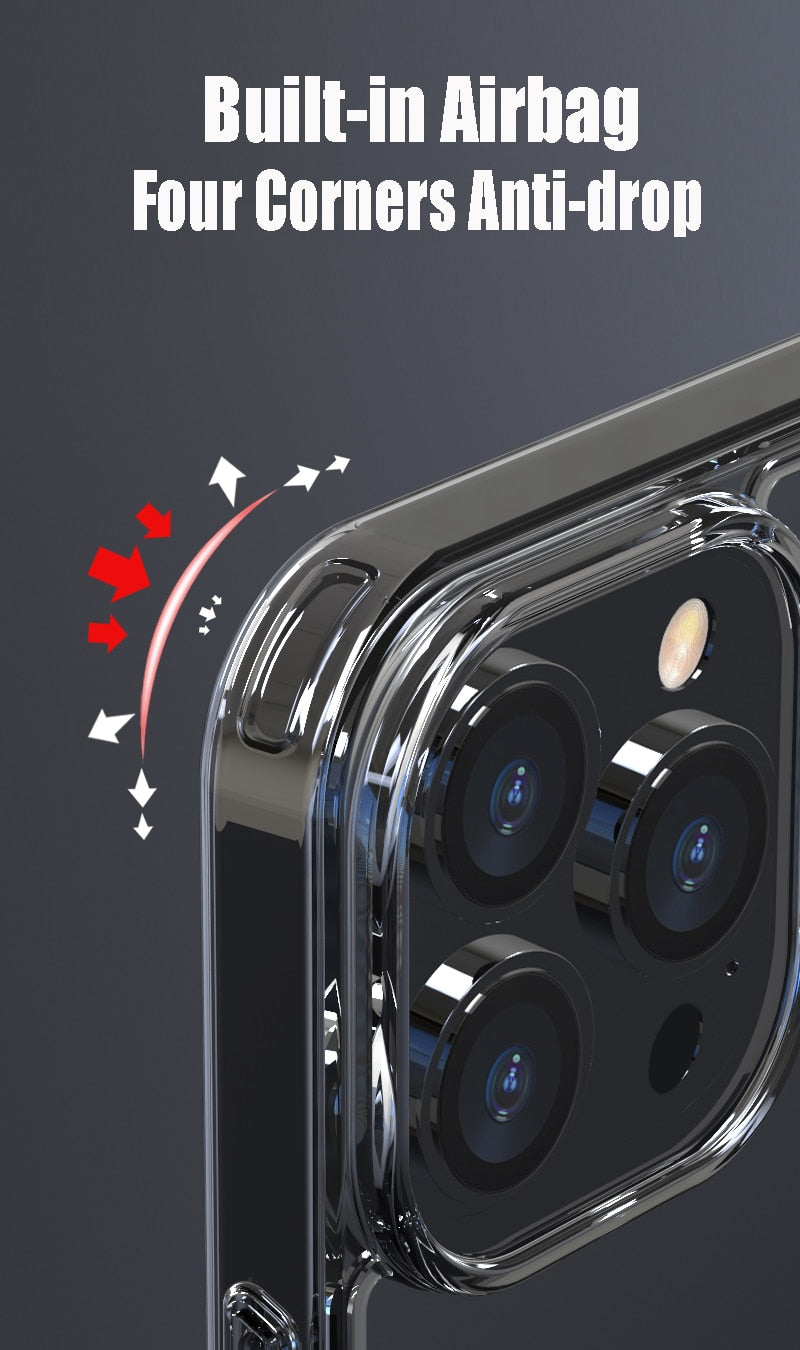 Clear tempered glass phone case for iPhone and iPhone Plus models, showing a sleek, transparent hard case with precise cutouts.