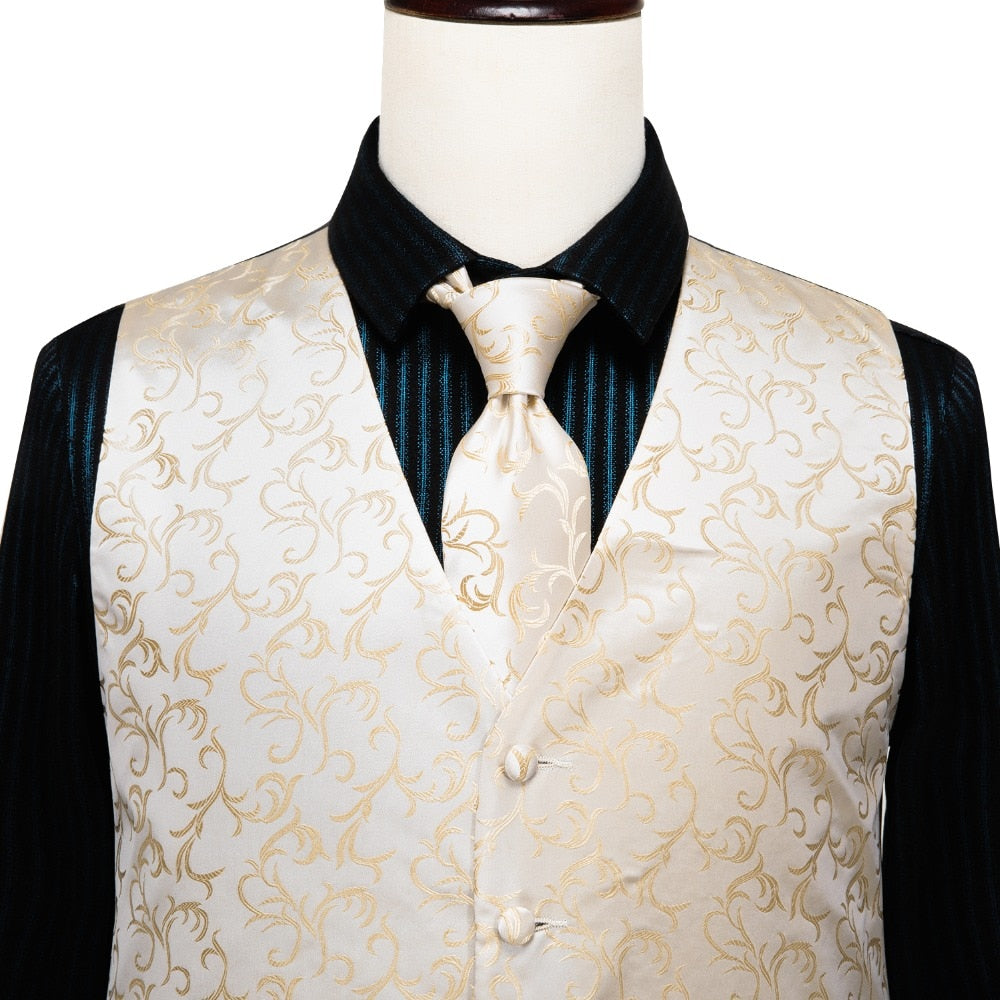 Luxury men's vest and tie set from The Clothing Company Sydney featuring paisley, floral, plaid silk vest in blue, gold, red, silver for weddings