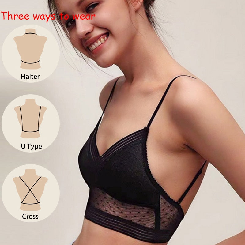 Plus size seamless lace mesh bralette from The Clothing Company Sydney, wireless U-backless lingerie top, comfortable and invisible under clothing.