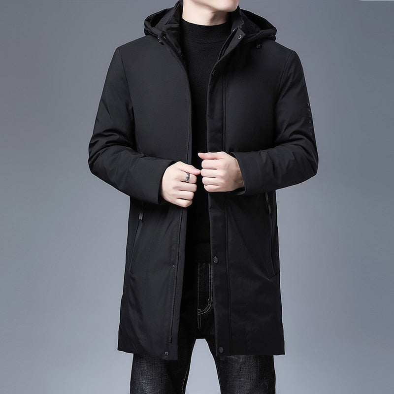 Men's thick padded winter parka with hood by The Clothing Company Sydney, casual long coat, warm windbreaker for cold weather.