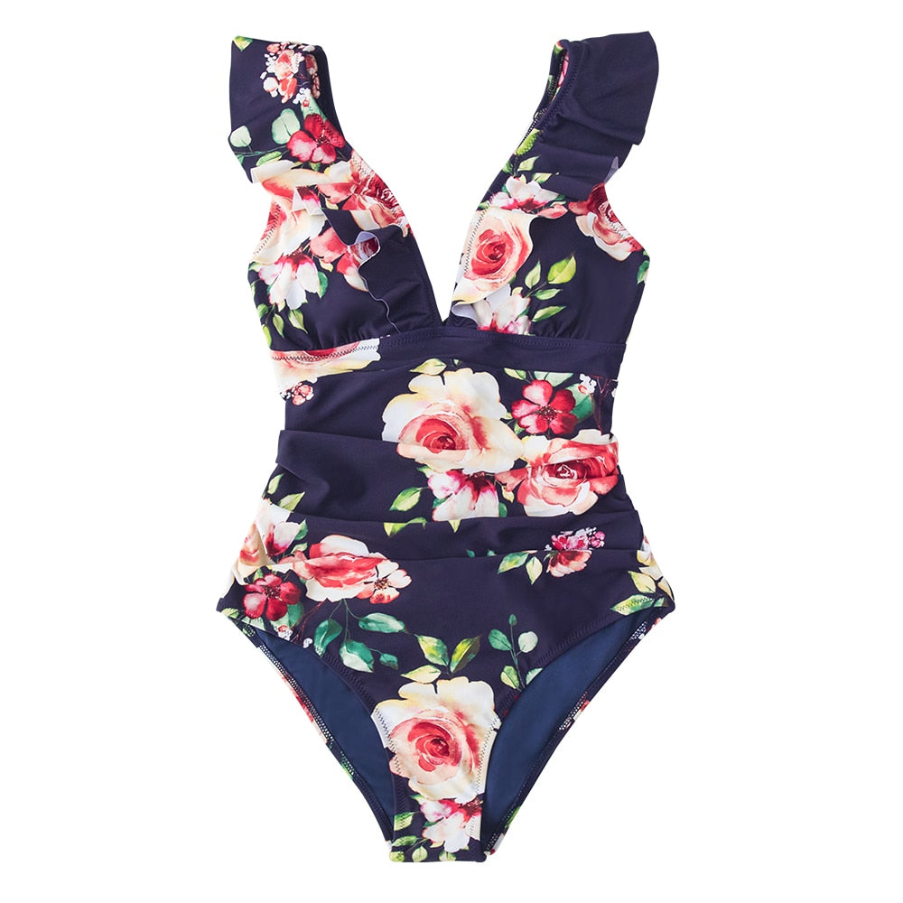 Solid black ruffled one-piece swimsuit with lace-up detail from The Clothing Company Sydney, suitable for beach and swimwear fashion.