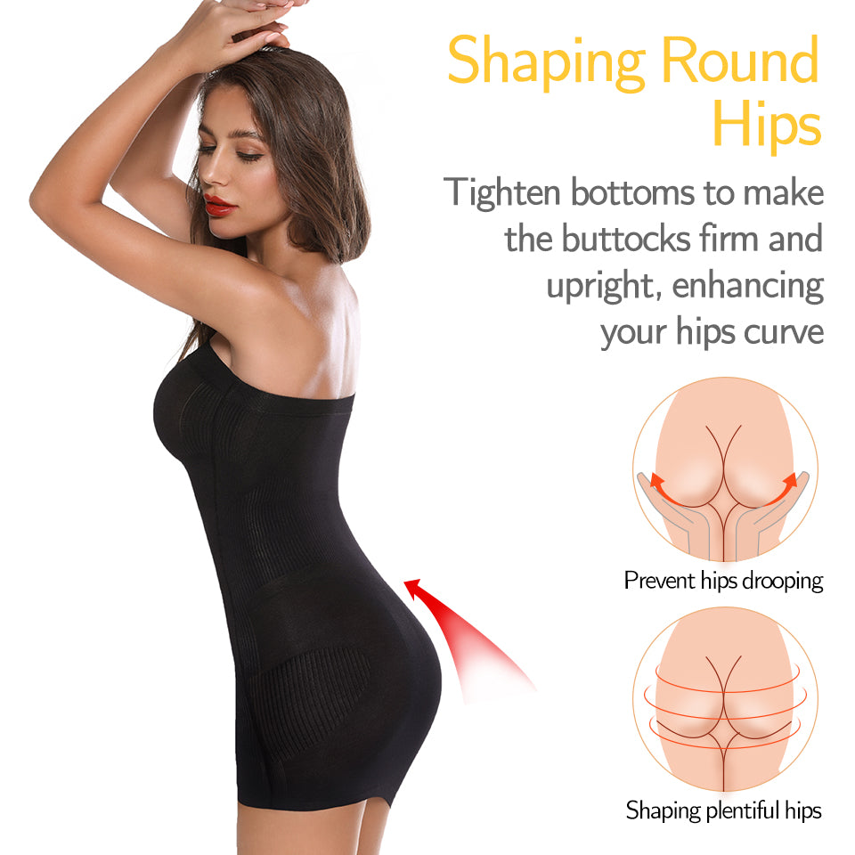 Women’s strapless full shapewear slip by The Clothing Company Sydney, seamless tummy control body shaper under dress or skirt.