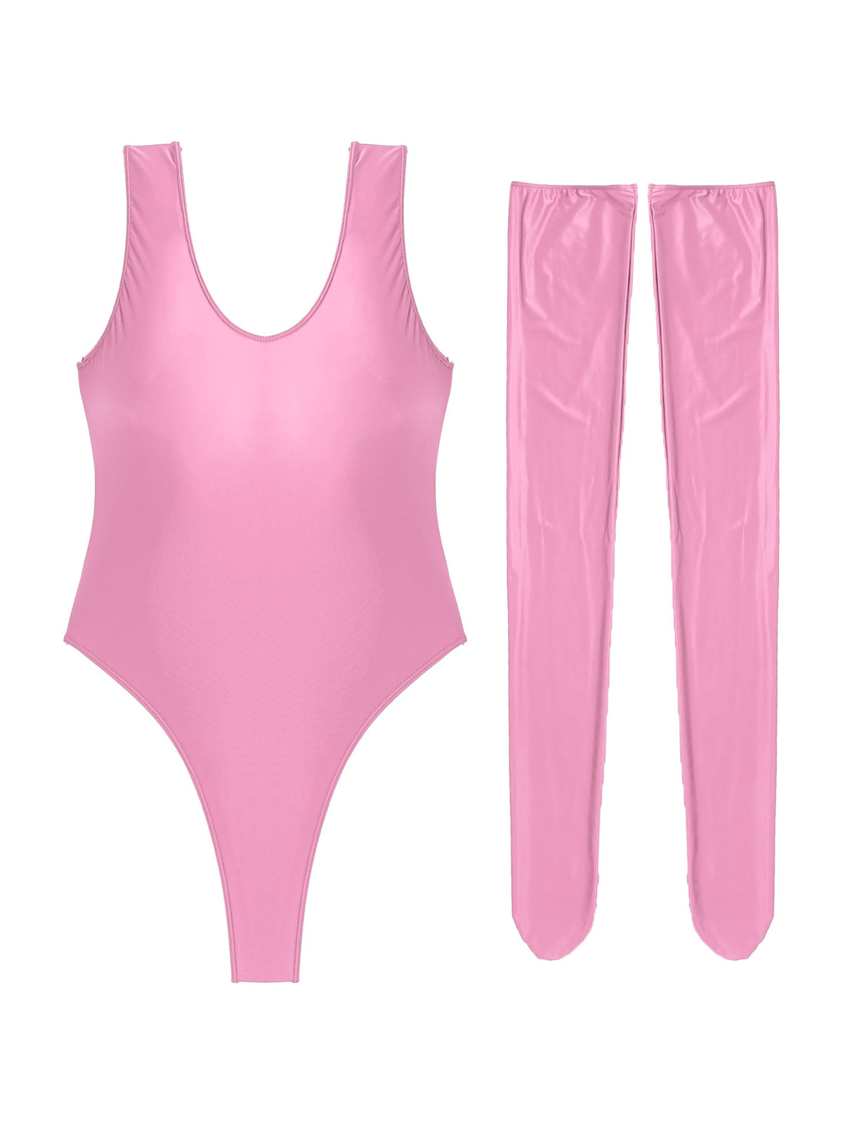 Women's glossy stretchy sleeveless swimsuit by The Clothing Company Sydney with high cut, slim fit design and stocking-inspired details.