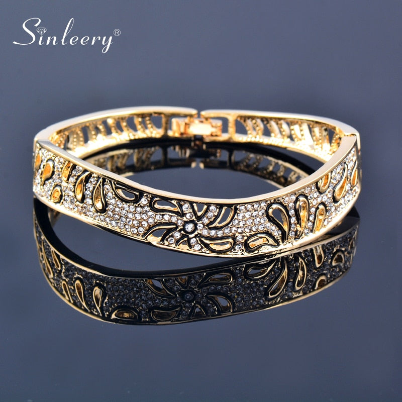 Elegant rose gold and silver flower bangles with crystal accents, stylish jewelry bracelet for women and best friends gifts.