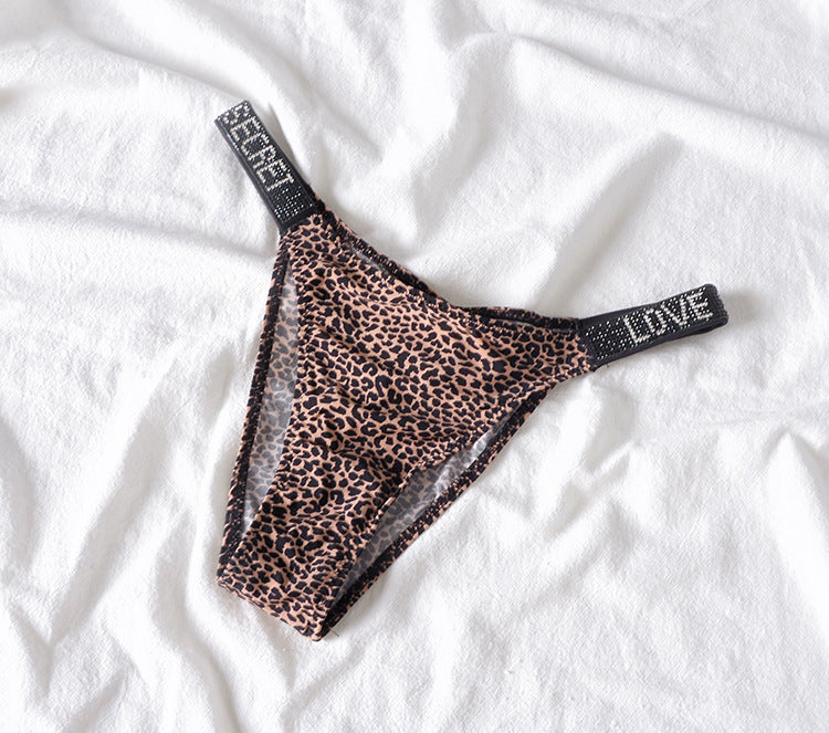 Ice silk seamless G-string lingerie by The Clothing Company Sydney featuring rhinestone accents, leopard print, low waist fit, T-back design.