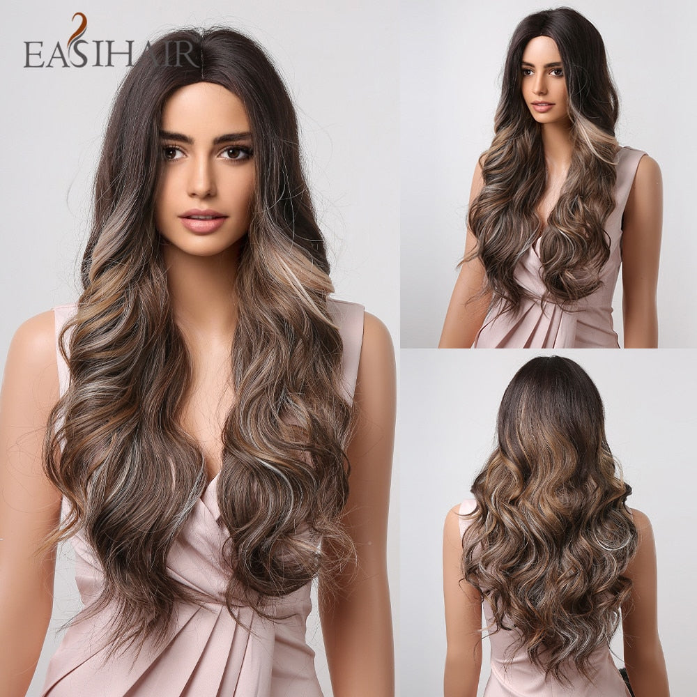 Long wavy synthetic wig with ombre brown, gray, ash tones and blonde highlights, featuring a middle part, for women’s cosplay and daily wear