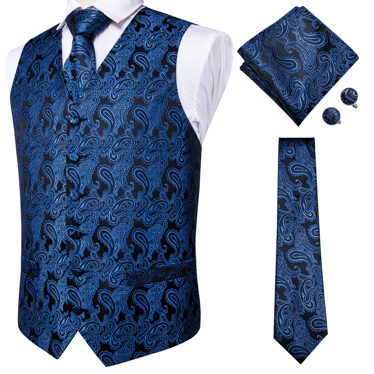 Luxury men's paisley floral and plaid silk vest and tie set in blue, gold, red, and silver for formal wedding suits.