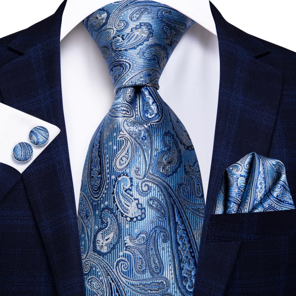 Blue silk business tie with dot pattern, plaid design, and matching cufflinks, 150cm length from The Clothing Company Sydney.