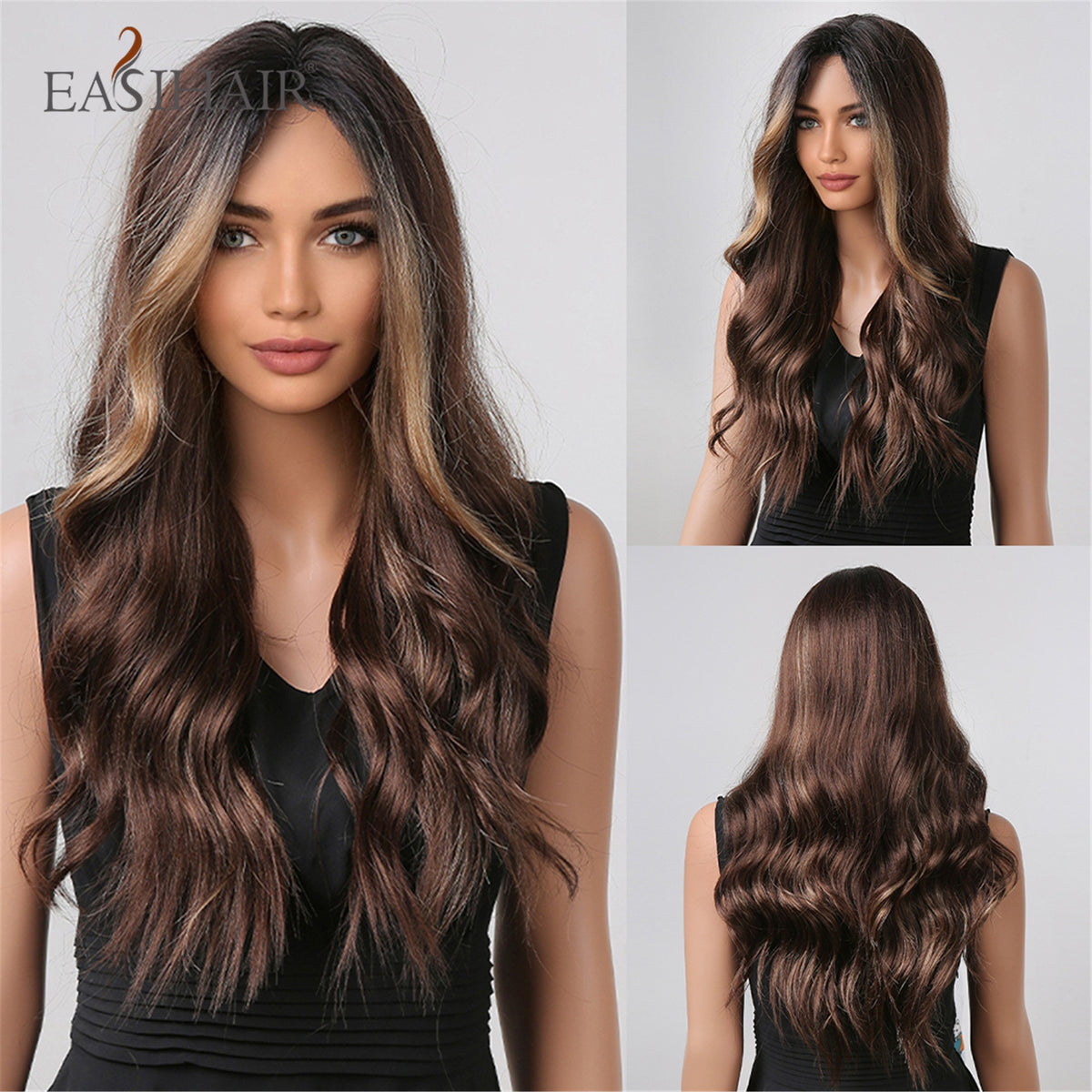 Long wavy synthetic wig in ombre brown, gray ash, and blonde, with middle part, heat resistant, for women’s cosplay and daily wear.