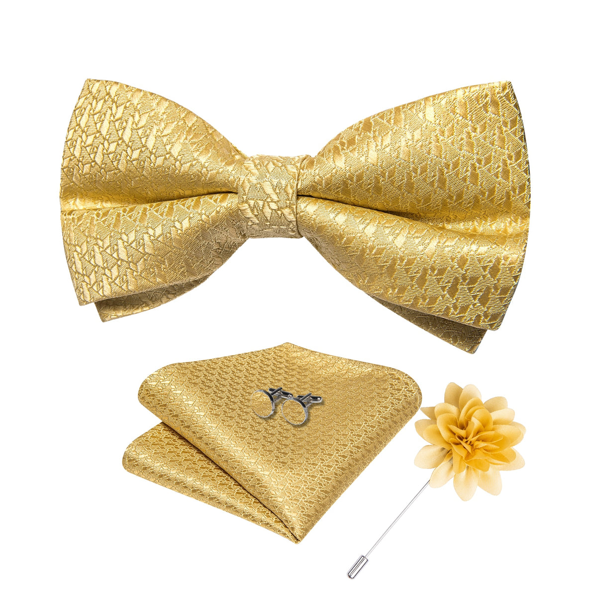 Classic red pre-tied wedding bow tie set for men, includes cufflinks and corsage, made of silk with butterfly knot design.