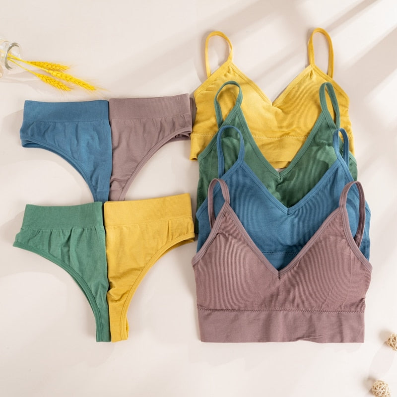 Seamless ribbed bralette and panty set from The Clothing Company Sydney, wire-free lingerie with a comfortable fit.