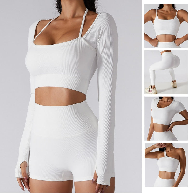 Two-piece fitness yoga set from The Clothing Company Sydney featuring seamless shorts, long sleeve top, and sports bra for women.
