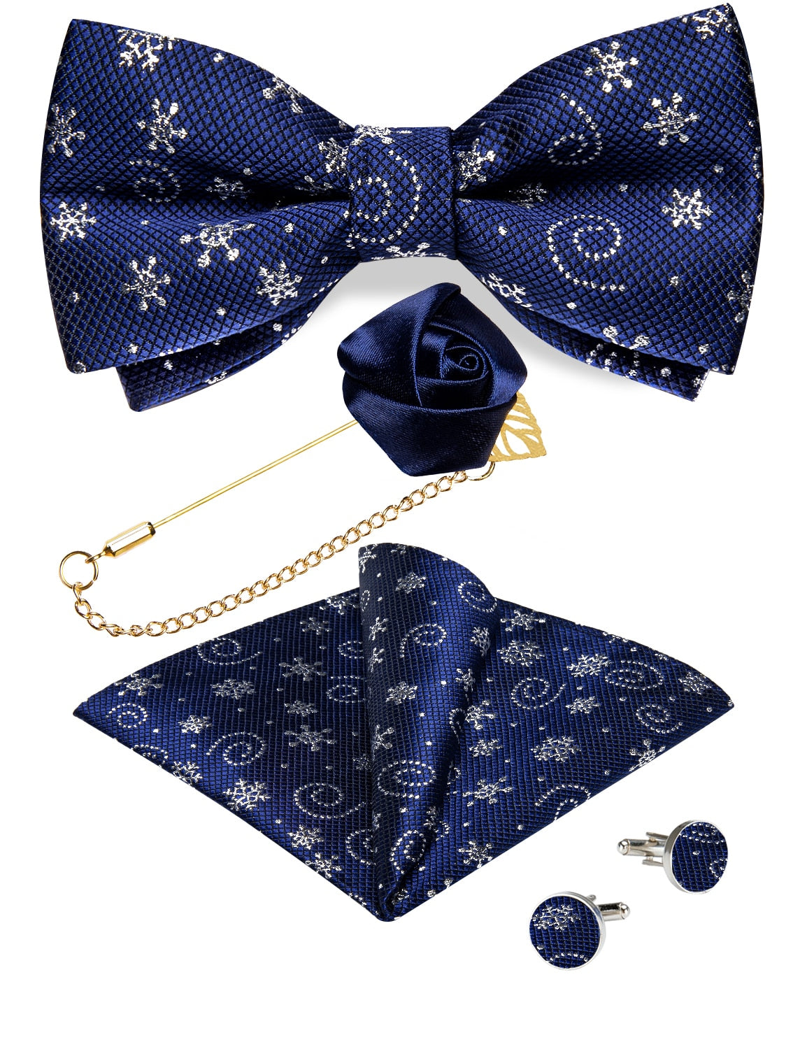 Classic red pre-tied wedding bow tie set for men with cufflinks and corsage, perfect for formal parties and events.