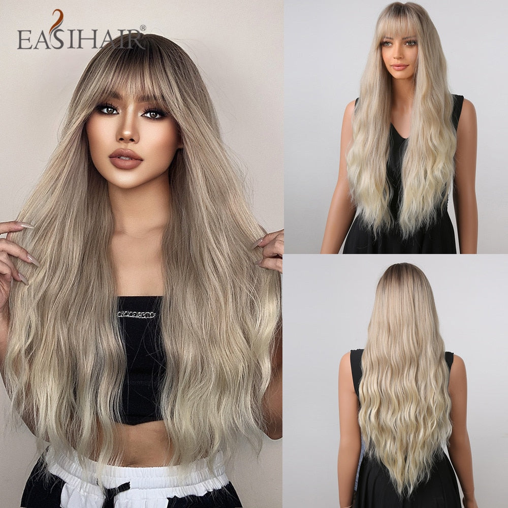 Long wavy synthetic wig in brown and blonde with bangs, designed for women, heat resistant, daily wear, cosplay, from The Clothing Company Sydney.
