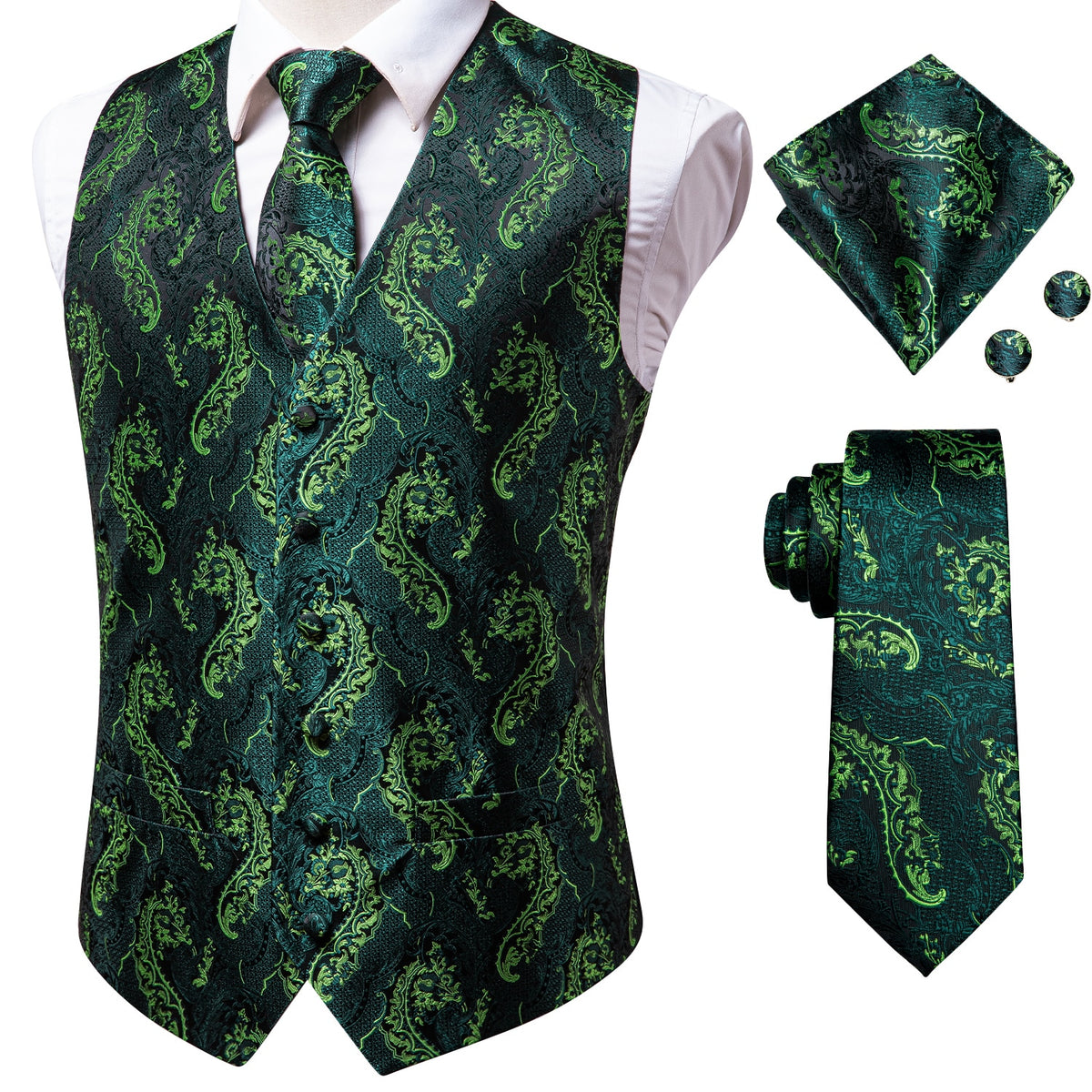 Men's luxury silk vest and tie set featuring paisley, floral, and plaid patterns in blue, gold, red, and silver from The Clothing Company Sydney.