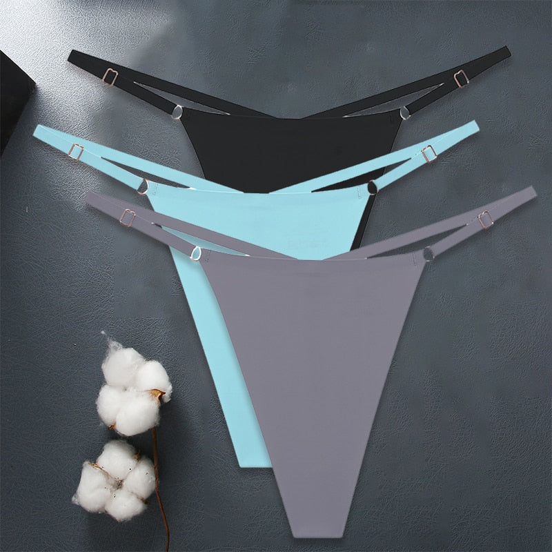 Three seamless women G-string lingerie sets by The Clothing Company Sydney with adjustable straps and ice silk fabric.