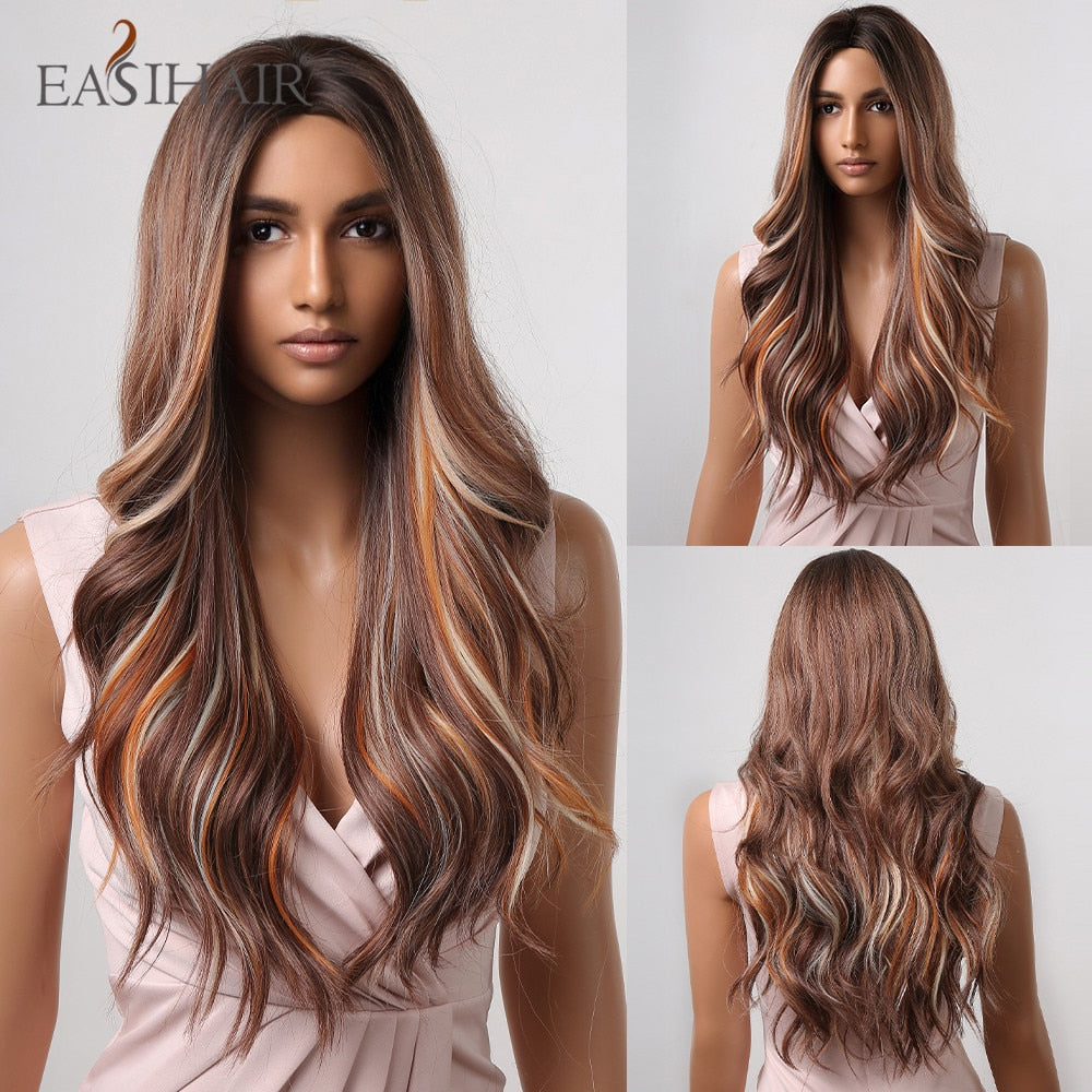 Long wavy synthetic wig with brown, gray, and blonde ombre shades, middle part, heat-resistant, suitable for daily wear and cosplay.