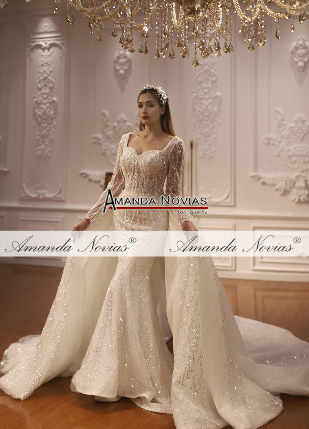 Two-in-one luxury mermaid wedding gown from The Clothing Company Sydney, featuring intricate lace and shimmering embellishments.