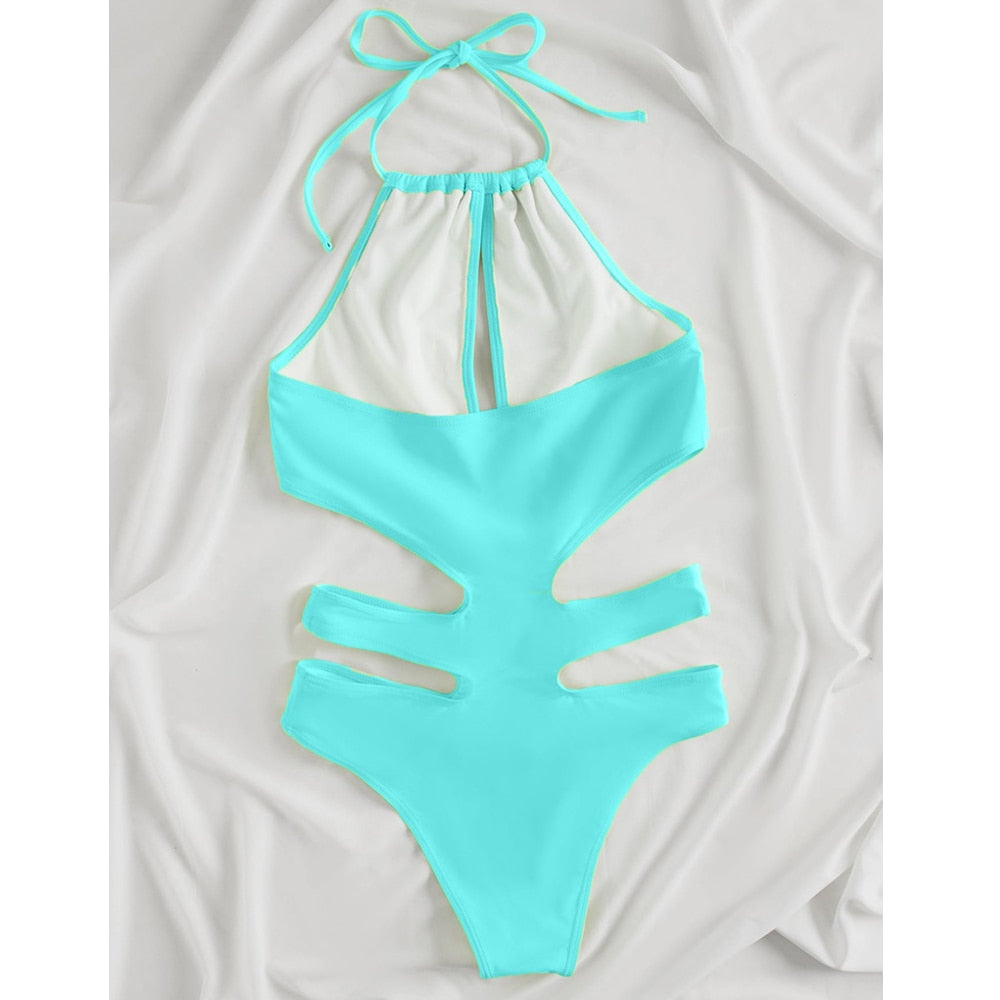 Solid tied halter high waist one-piece swimsuit with push-up design and hollow details, perfect for summer beachwear.