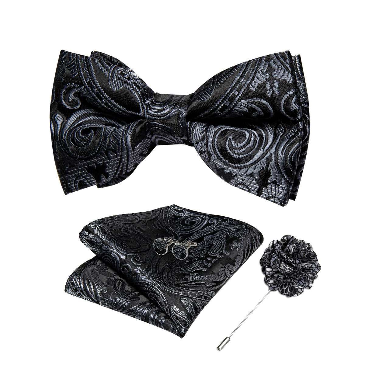 Classic red pre-tied wedding bow tie set with cufflinks and corsage, featuring silk butterfly knot for men's formal accessories.