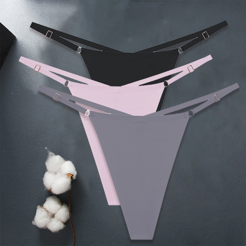 Three seamless women’s G-string underwear sets with adjustable straps, ice silk fabric, and cross waist design from The Clothing Company Sydney.