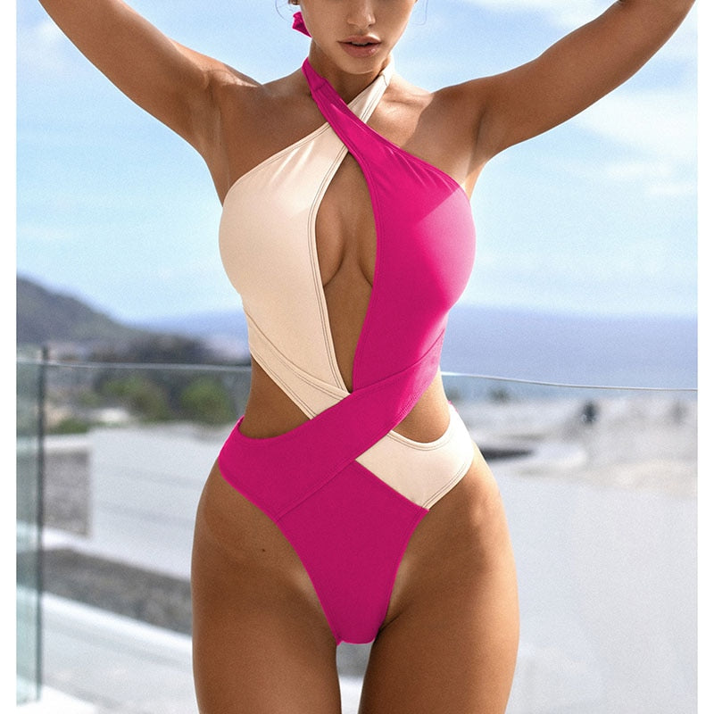 Colorblock cut out one-piece swimsuit by The Clothing Company Sydney, featuring halter wrap design and high-cut leg for beachwear.