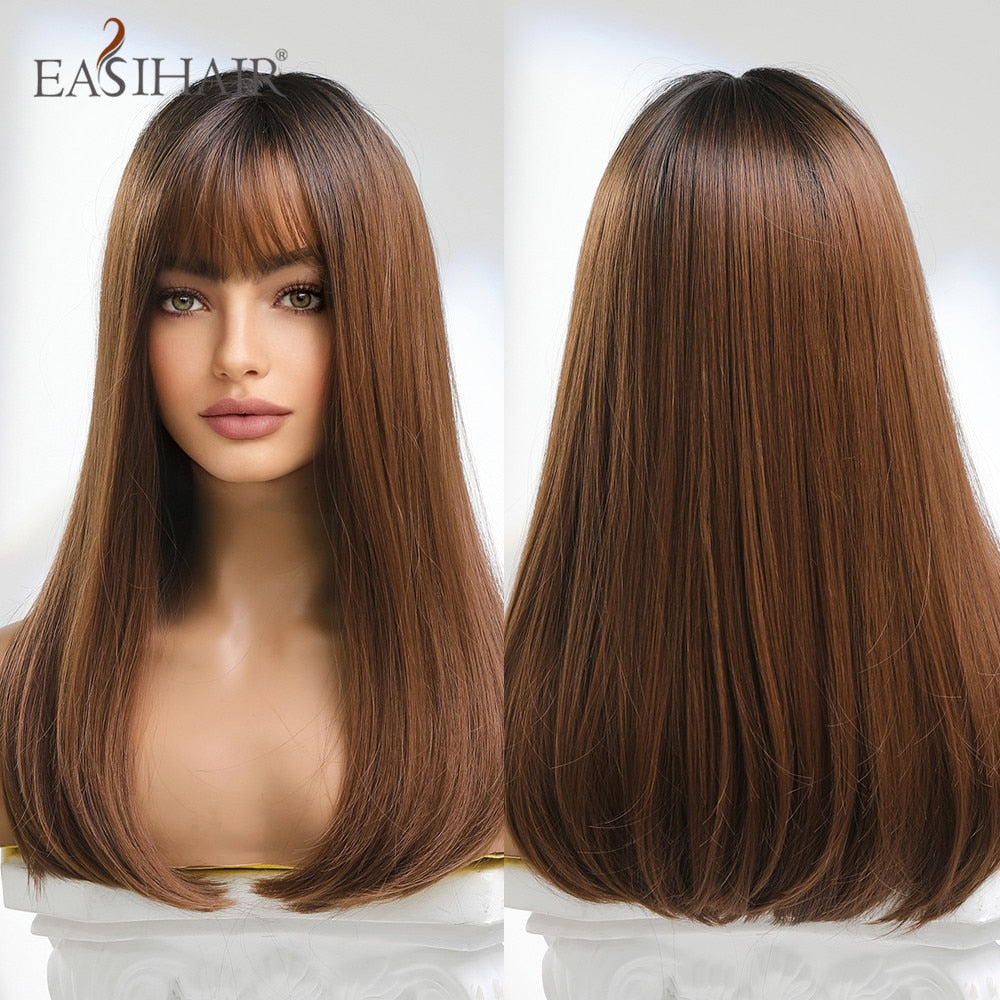 Brown straight synthetic wig with bangs, layered style, designed for women, suitable for daily wear, cosplay, and parties.