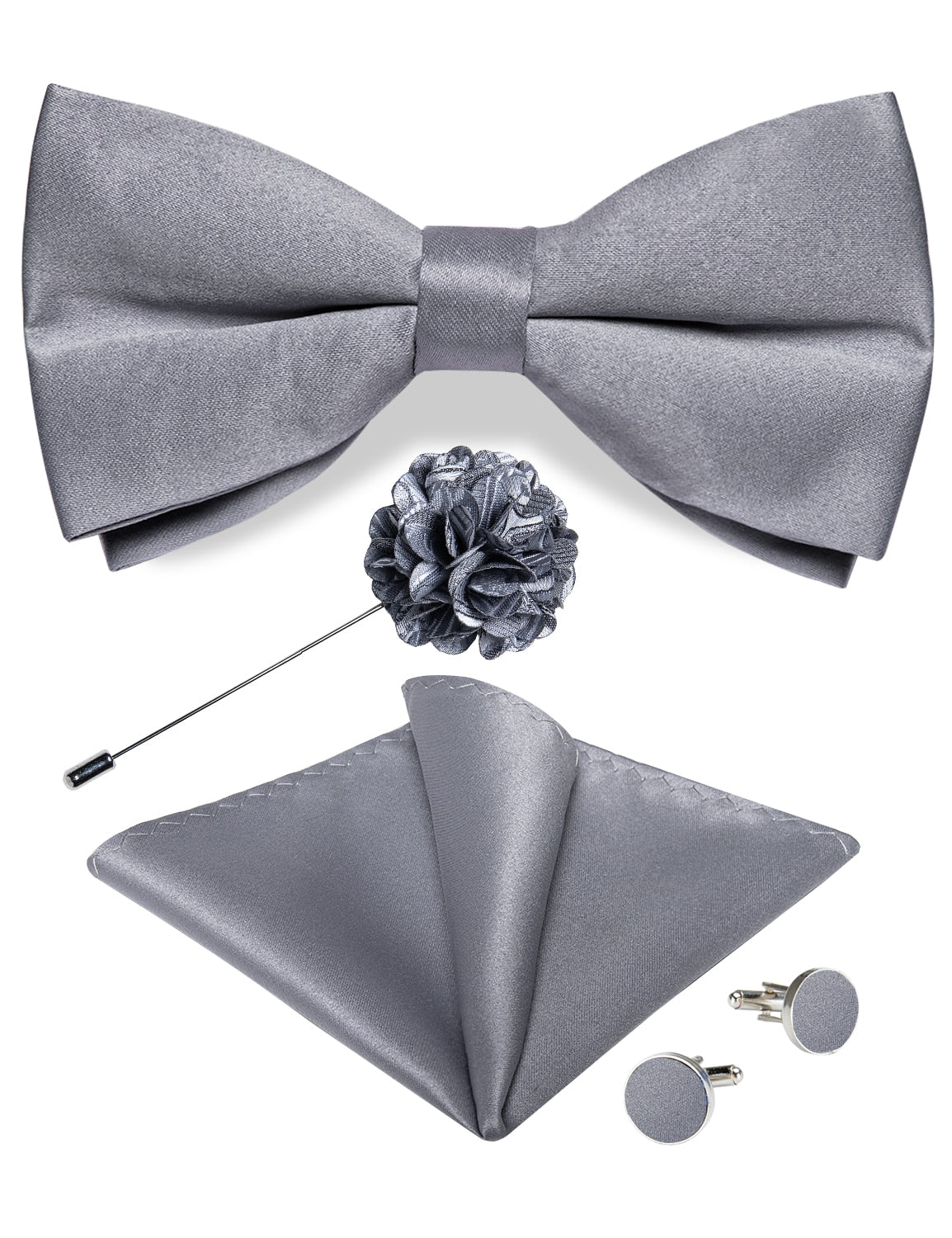 Classic red pre-tied wedding bow tie, silk butterfly knot, cufflinks, and corsage set for men, stylish accessories for formal events.