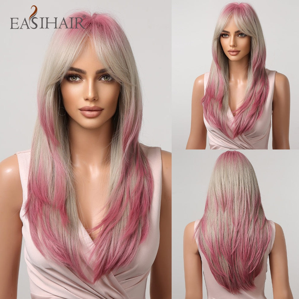 Brown straight synthetic wig with bangs, layered style, for women, heat-resistant cosplay and daily wear, by The Clothing Company Sydney.