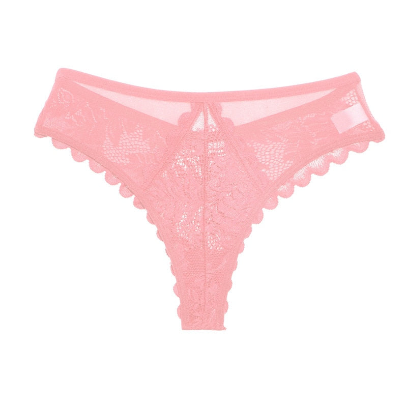 Three lace G-string panties from The Clothing Company Sydney in soft, feminine lingerie style, shown in a 3-pack set image.