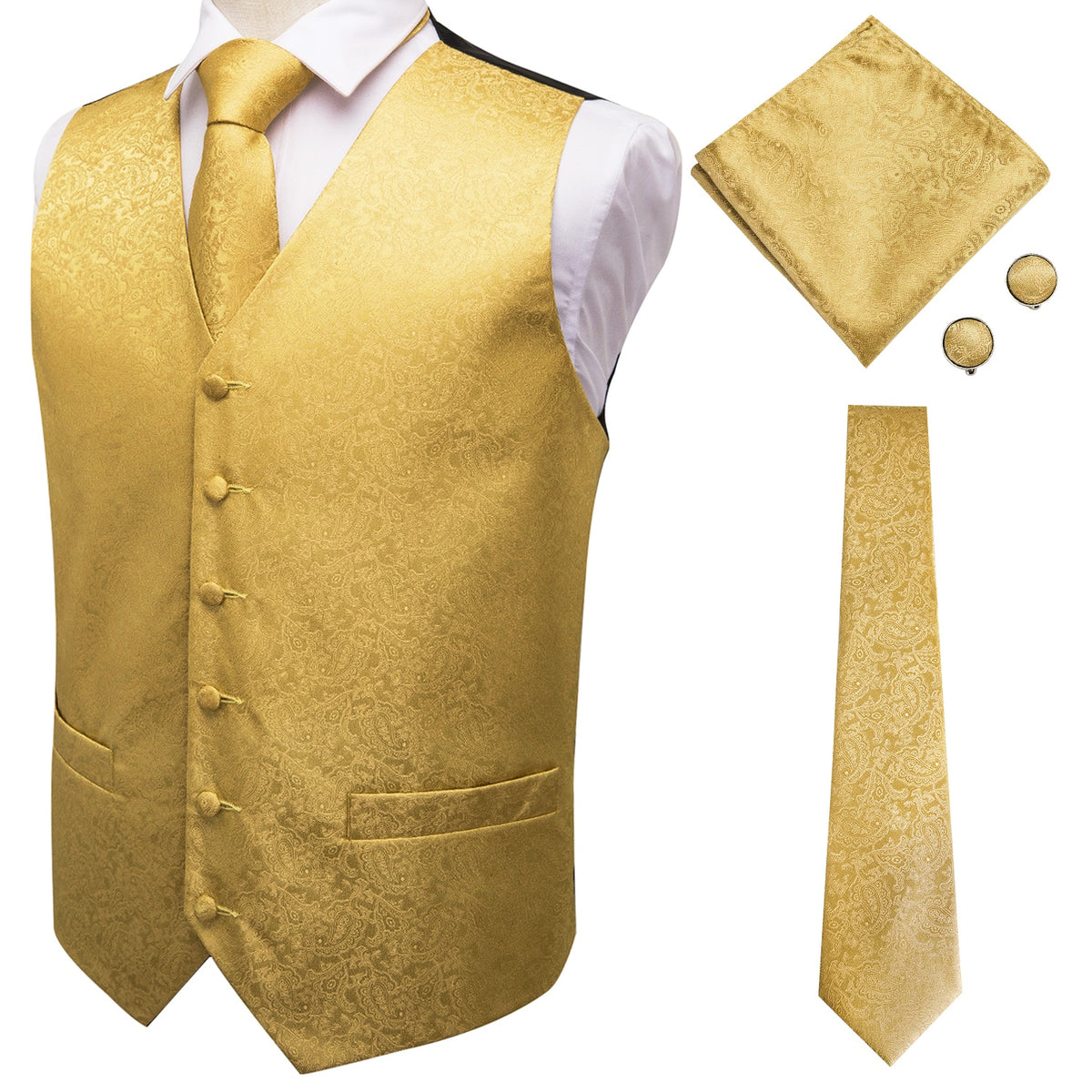 Men's luxury paisley floral plaid silk vest and tie set in blue, gold, red, and silver for wedding or formal wear by The Clothing Company Sydney
