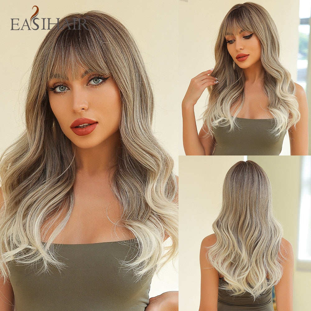 Long wavy brown mixed blonde synthetic wig with bangs, heat-resistant, for women, suitable for daily wear and cosplay.
