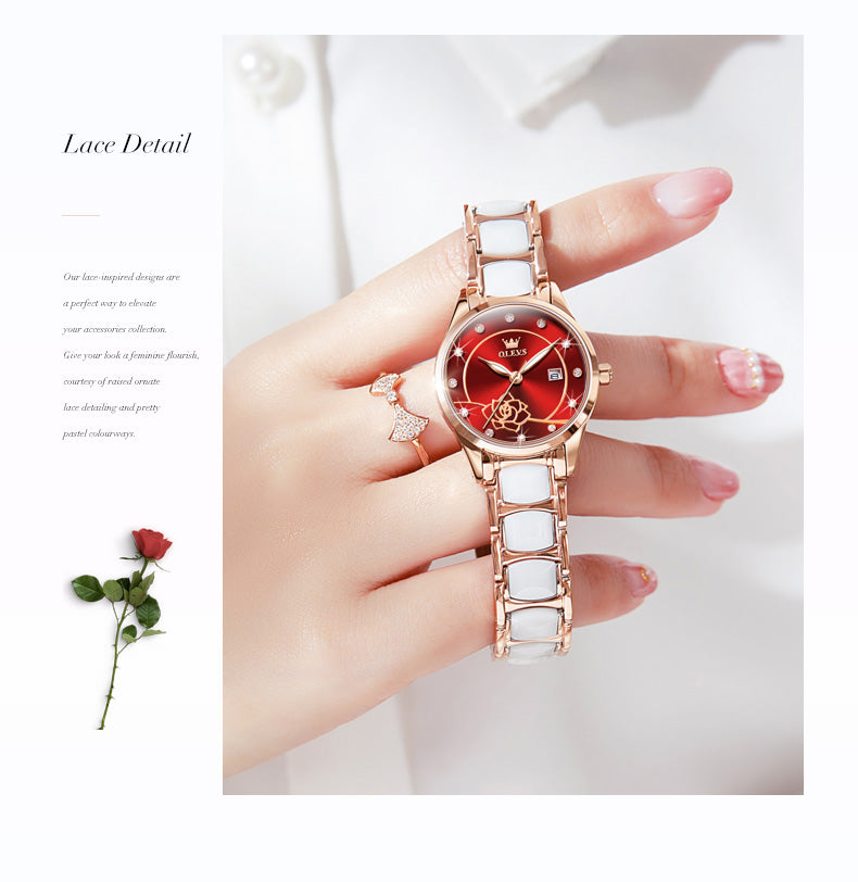 Elegant ladies' ceramic watch with Japanese quartz movement, water-resistant up to 30M, by Clothing Company Sydney.