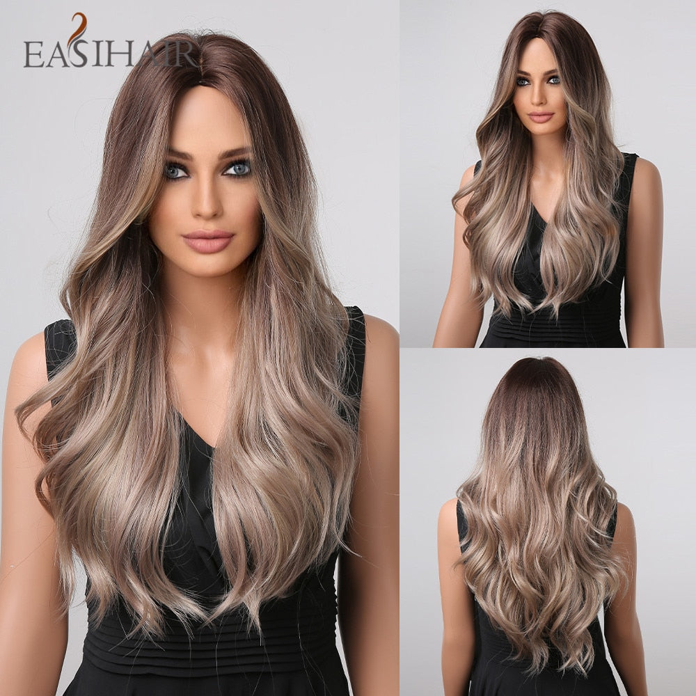 Long wavy synthetic wig with brown, gray, ash, and blonde ombre colors, featuring a middle part, heat-resistant fibers, for women’s cosplay.