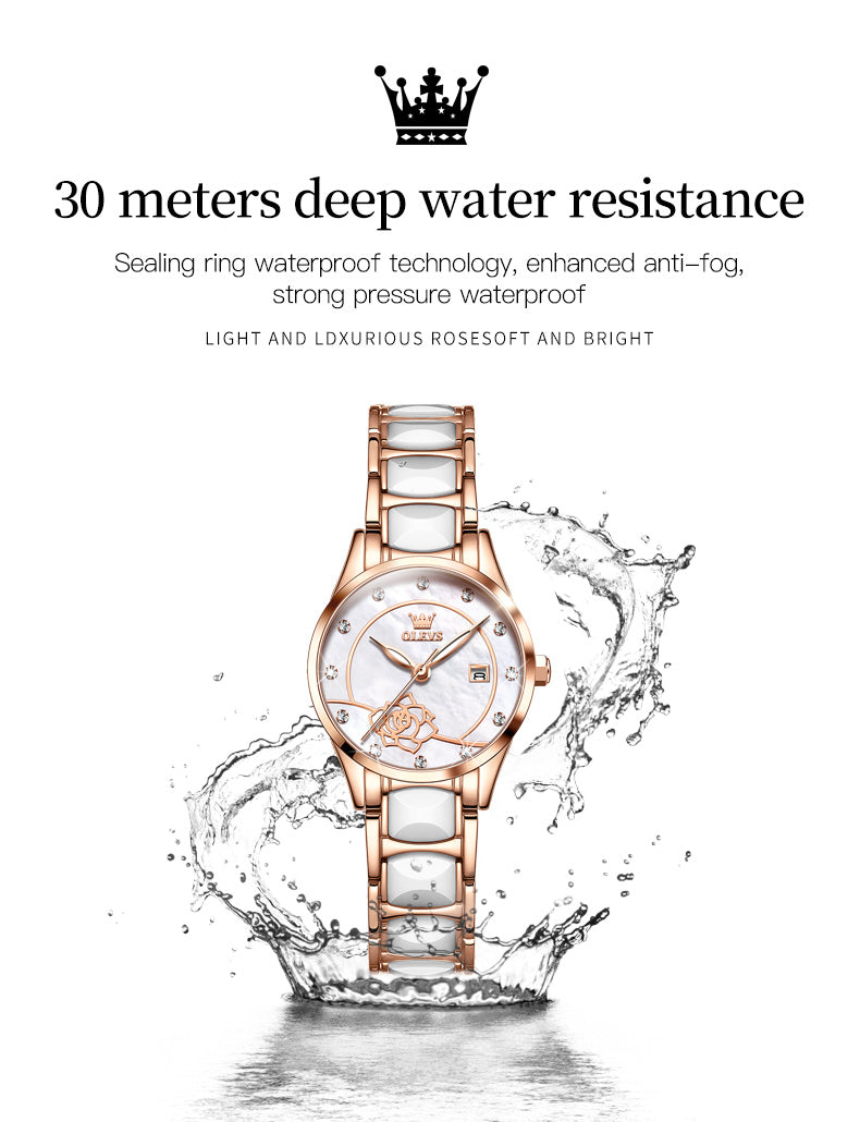 Luxury OLEVS quartz ladies watch with ceramic band, Japan movement, 30M water resistance, stylish design.