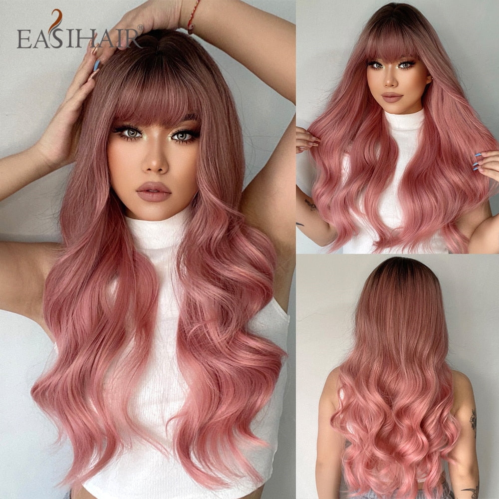 Long wavy brown and blonde synthetic wig with bangs for women, heat-resistant daily wear and cosplay by The Clothing Company Sydney.